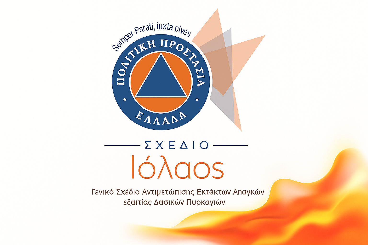 Σχέδιο Ιόλαος – Εθνικό σχέδιο Πολιτικής Προστασίας για δασικές πυρκαγιές στην Ελλάδα, με λογότυπο και φλόγες